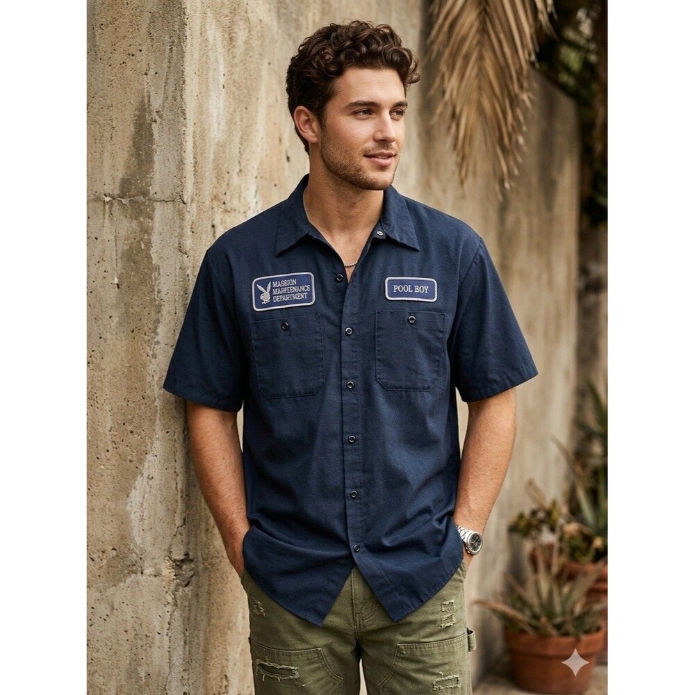 Vtg Playboy Mansion Maintenance Pool Boy Work Shirt Patches Navy Blue Mens XL